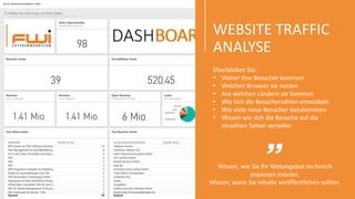 WEBSITE TRAFFIC
ANALYSE
Wissen, wie Sie Ihr Webangebot technisch
anpassen müssen.
Wissen, wann Sie Inhalte veröffentlichen sollten.
Überblicken Sie:
• Woher Ihre Besucher kommen
• Welchen Browser sie nutzen
• Aus welchen Ländern sie kommen
• Wie sich die Besucherzahlen entwickeln
• Wie viele neue Besucher dazukommen
• Wissen wie sich die Besuche auf die
einzelnen Seiten verteilen
 
