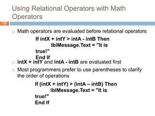 Using Relational Operators with Math OperatorsChapter 4 – Slide 12Math operators are evaluated before relational operatorsintX + intY and intA - intB are evaluated firstMost programmers prefer to use parentheses to clarify the order of operationsIf intX + intY > intA - intB Then	lblMessage.Text = "It is true!"End IfIf (intX + intY) > (intA – intB) Then	lblMessage.Text = "It is true!"End If