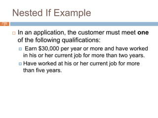 Nested If ExampleChapter 4 – Slide 27In an application, the customer must meet one of the following qualifications: Earn $30,000 per year or more and have worked in his or her current job for more than two years.Have worked at his or her current job for more than five years.