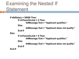 Examining the Nested If StatementChapter 4 – Slide 28If dblSalary > 30000 Then	If intYearsOnJob > 2 Then		lblMessage.Text = "Applicant qualifies."	Else		lblMessage.Text = "Applicant does not qualify."	End IfElse	If intYearsOnJob > 5 Then		lblMessage.Text = "Applicant qualifies."	Else		lblMessage.Text = "Applicant does not qualify."	End IfEnd If