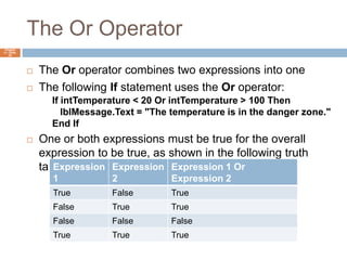 The Or OperatorChapter 4 – Slide 35The Or operator combines two expressions into oneThe following If statement uses the Or operator:One or both expressions must be true for the overall expression to be true, as shown in the following truth table:If intTemperature < 20 Or intTemperature > 100 Then   lblMessage.Text = "The temperature is in the danger zone."End If