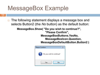 MessageBox ExampleChapter 4 – Slide 50The following statement displays a message box and selects Button2 (the No button) as the default button:MessageBox.Show( "Do you wish to continue?",                                      "Please Confirm",		     MessageBoxButtons.YesNo, MessageBoxIcon.Question,		     MessageBoxDefaultButton.Button2 )