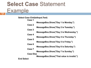 Select Case Statement ExampleChapter 4 – Slide 54Select Case CInt(txtInput.Text)	Case 1		MessageBox.Show("Day 1 is Monday.")	Case 2		MessageBox.Show("Day 2 is Tuesday.")	Case 3		MessageBox.Show("Day 3 is Wednesday.")	Case 4		MessageBox.Show("Day 4 is Thursday.")	Case 5		MessageBox.Show("Day 5 is Friday.")	Case 6		MessageBox.Show("Day 6 is Saturday.")	Case 7		MessageBox.Show("Day 7 is Sunday.")	Case Else		MessageBox.Show("That value is invalid.")End Select
