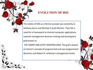 EVOLUTION OF DSS
The notion of DSS as a formal concept was coined by G.
Anthony Gorry and Michael S.Scott Morton. They felt a
need for a framework to channel computer applications
towards management decision making and developed a
grid known as
THE GORRY AND SCOTT MORTON GRID. The grid is based
on Simon’s concept of programmed and non programmed
decisions and Robert N. Anthony’s management levels.
 