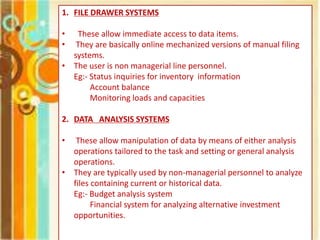 1. FILE DRAWER SYSTEMS
• These allow immediate access to data items.
• They are basically online mechanized versions of manual filing
systems.
• The user is non managerial line personnel.
Eg:- Status inquiries for inventory information
Account balance
Monitoring loads and capacities
2. DATA ANALYSIS SYSTEMS
• These allow manipulation of data by means of either analysis
operations tailored to the task and setting or general analysis
operations.
• They are typically used by non-managerial personnel to analyze
files containing current or historical data.
Eg:- Budget analysis system
Financial system for analyzing alternative investment
opportunities.
 