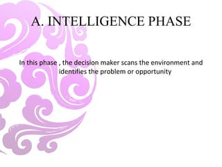 A. INTELLIGENCE PHASE
In this phase , the decision maker scans the environment and
identifies the problem or opportunity
 