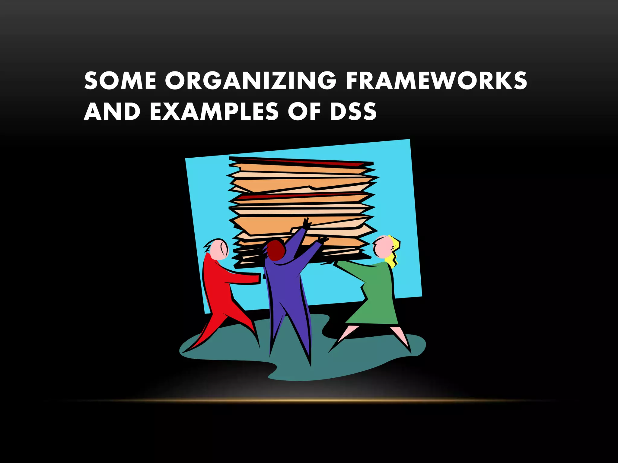 SOME ORGANIZING FRAMEWORKS
AND EXAMPLES OF DSS
 