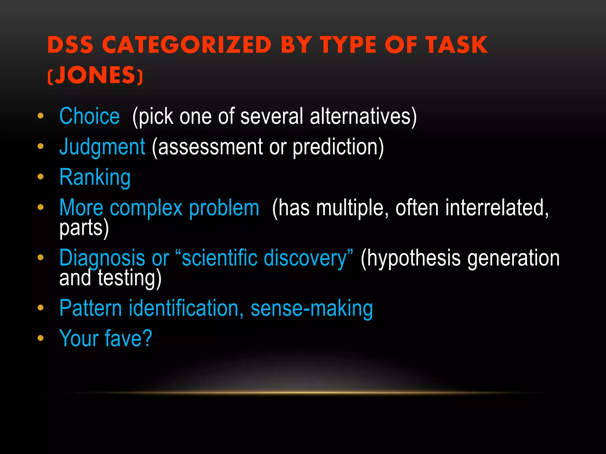 DSS CATEGORIZED BY TYPE OF TASK
(JONES)
• Choice (pick one of several alternatives)
• Judgment (assessment or prediction)
• Ranking
• More complex problem (has multiple, often interrelated,
parts)
• Diagnosis or “scientific discovery” (hypothesis generation
and testing)
• Pattern identification, sense-making
• Your fave?
 