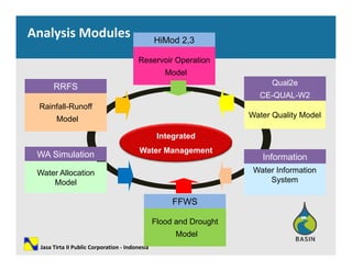 Analysis Modules HiMod 2,3HiMod 2,3
RRFSRRFS Qual2eQual2e
Reservoir Operation
Model
Reservoir Operation
Model
Rainfall-Runoff
Model
Rainfall-Runoff
Model
RRFSRRFS
Water Quality ModelWater Quality Model
Qual2e
CE-QUAL-W2
Qual2e
CE-QUAL-W2
Integrated
Water Management
ModelModel yy
WA Si l tiWA Si l ti Water Management
Water Information
System
Water Information
System
InformationInformation
Water Allocation
Model
Water Allocation
Model
WA SimulationWA Simulation
Flood and DroughtFlood and Drought
FFWSFFWS
Jasa Tirta II Public Corporation ‐ Indonesia
Flood and Drought
Model
Flood and Drought
Model
 