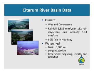 Citarum River Basin Data
 Climate:
 Wet and Dry seasons
 Rainfall 2,382 mm/year, 132 rain
days/year rain intensity 18 1days/year, rain intensity 18.1
mm/day
 80% falls in Nov‐May
 Watershed
 Basin: 6,600 km2
 Length: 270 km Length: 270 km
 Reservoirs: Saguling, Cirata and
Jatiluhur
 