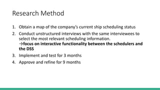 Research Method
1. Obtain a map of the company’s current ship scheduling status
2. Conduct unstructured interviews with the same interviewees to
select the most relevant scheduling information.
→focus on interactive functionality between the schedulers and
the DSS
3. Implement and test for 3 months
4. Approve and refine for 9 months
 