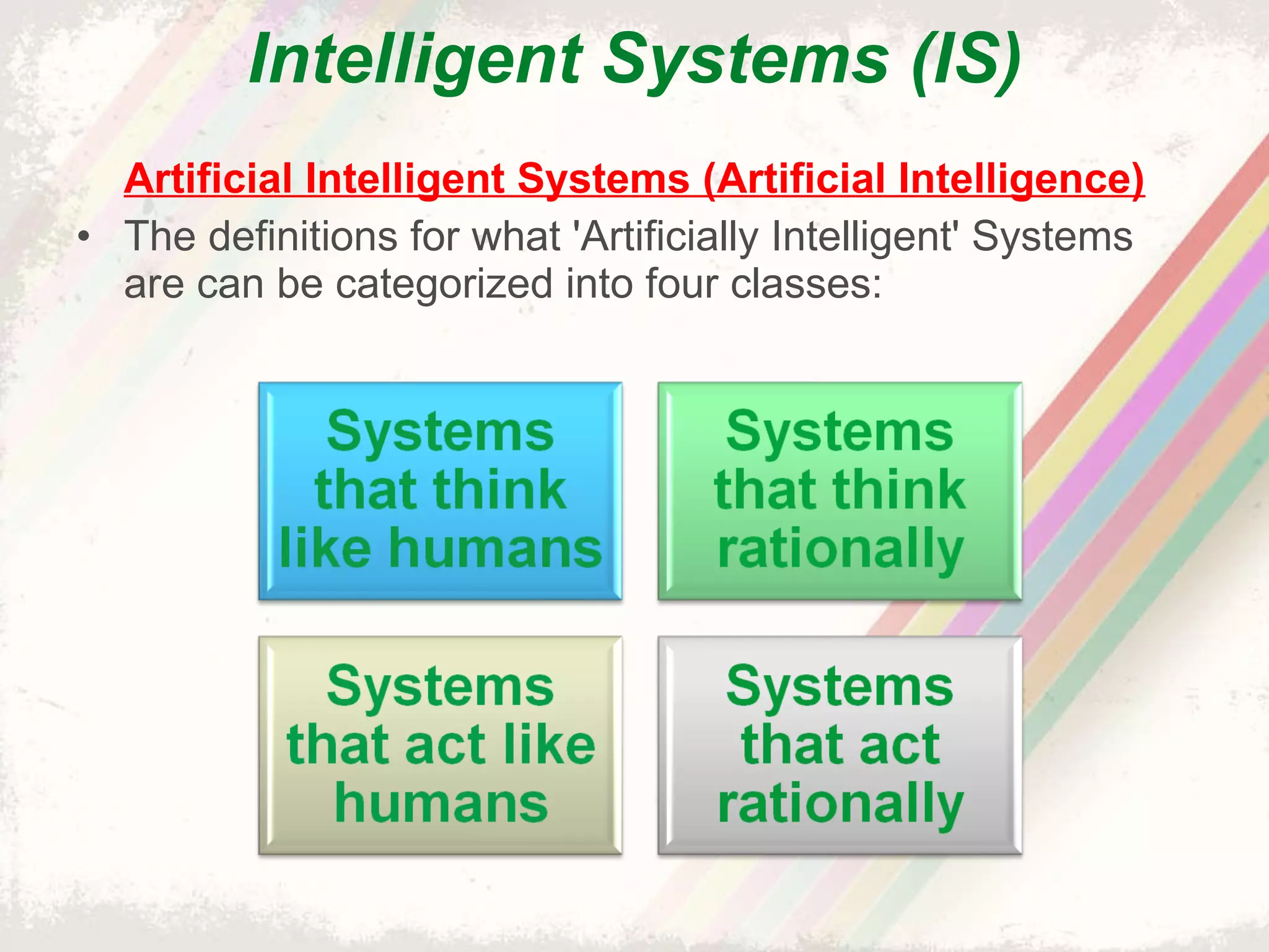 Intelligent Systems (IS) Artificial Intelligent Systems (Artificial Intelligence) The definitions for what 'Artificially Intelligent' Systems are can be categorized into four classes: 