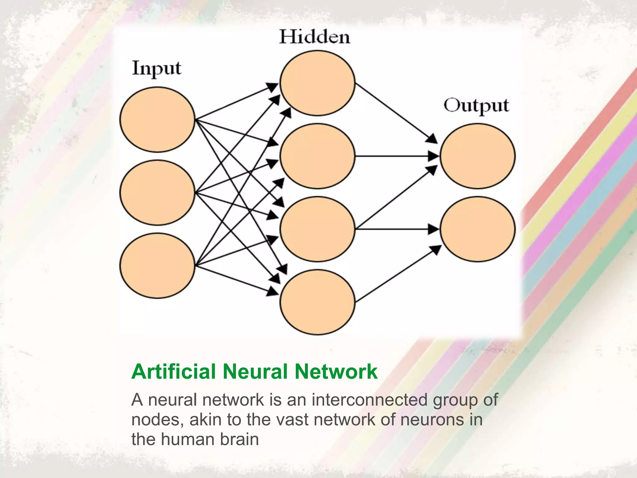 Artificial Neural Network A neural network is an interconnected group of nodes, akin to the vast network of neurons in the human brain 