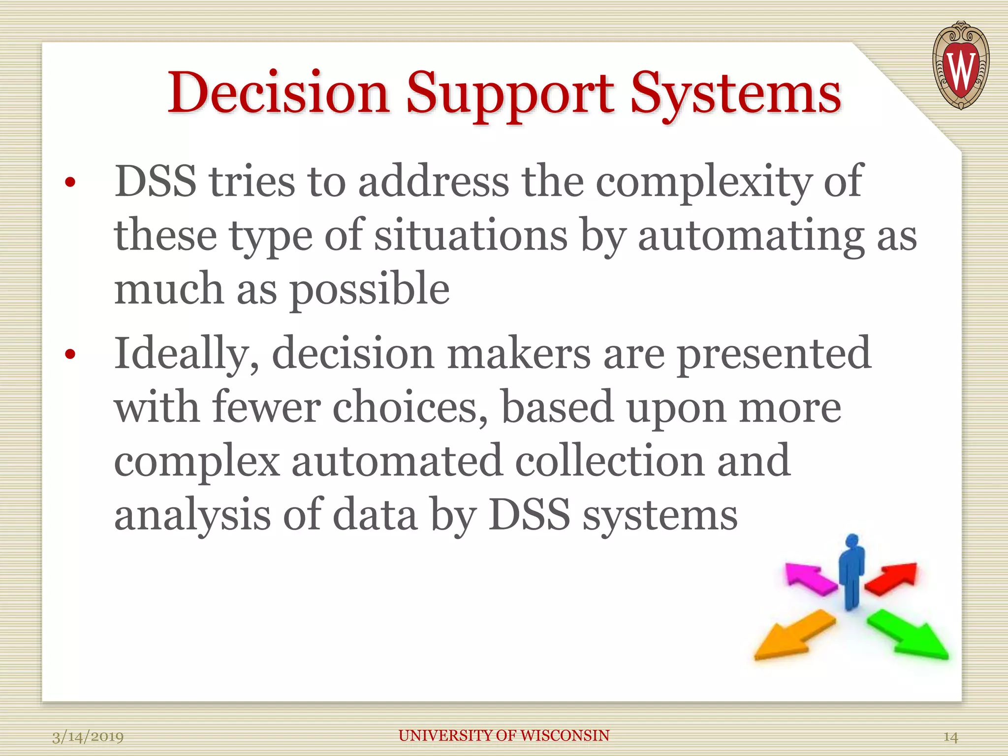 Decision Support Systems
• DSS tries to address the complexity of
these type of situations by automating as
much as possible
• Ideally, decision makers are presented
with fewer choices, based upon more
complex automated collection and
analysis of data by DSS systems
3/14/2019 UNIVERSITY OF WISCONSIN 14
 