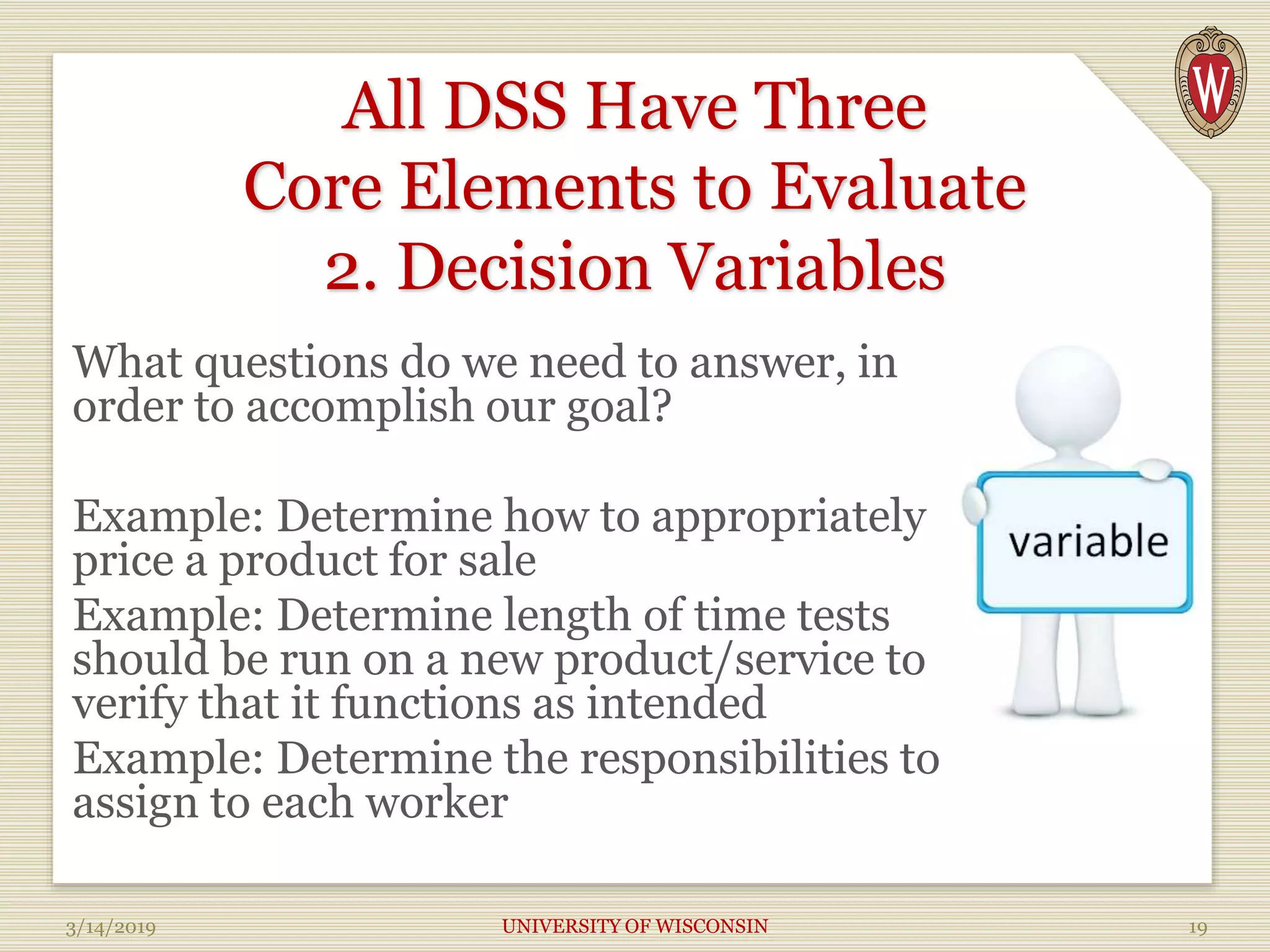 All DSS Have Three
Core Elements to Evaluate
2. Decision Variables
What questions do we need to answer, in
order to accomplish our goal?
Example: Determine how to appropriately
price a product for sale
Example: Determine length of time tests
should be run on a new product/service to
verify that it functions as intended
Example: Determine the responsibilities to
assign to each worker
3/14/2019 UNIVERSITY OF WISCONSIN 19
 