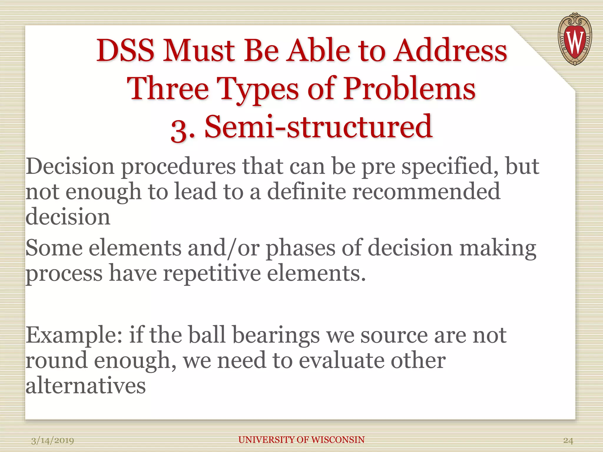 DSS Must Be Able to Address
Three Types of Problems
3. Semi-structured
Decision procedures that can be pre specified, but
not enough to lead to a definite recommended
decision
Some elements and/or phases of decision making
process have repetitive elements.
Example: if the ball bearings we source are not
round enough, we need to evaluate other
alternatives
3/14/2019 UNIVERSITY OF WISCONSIN 24
 