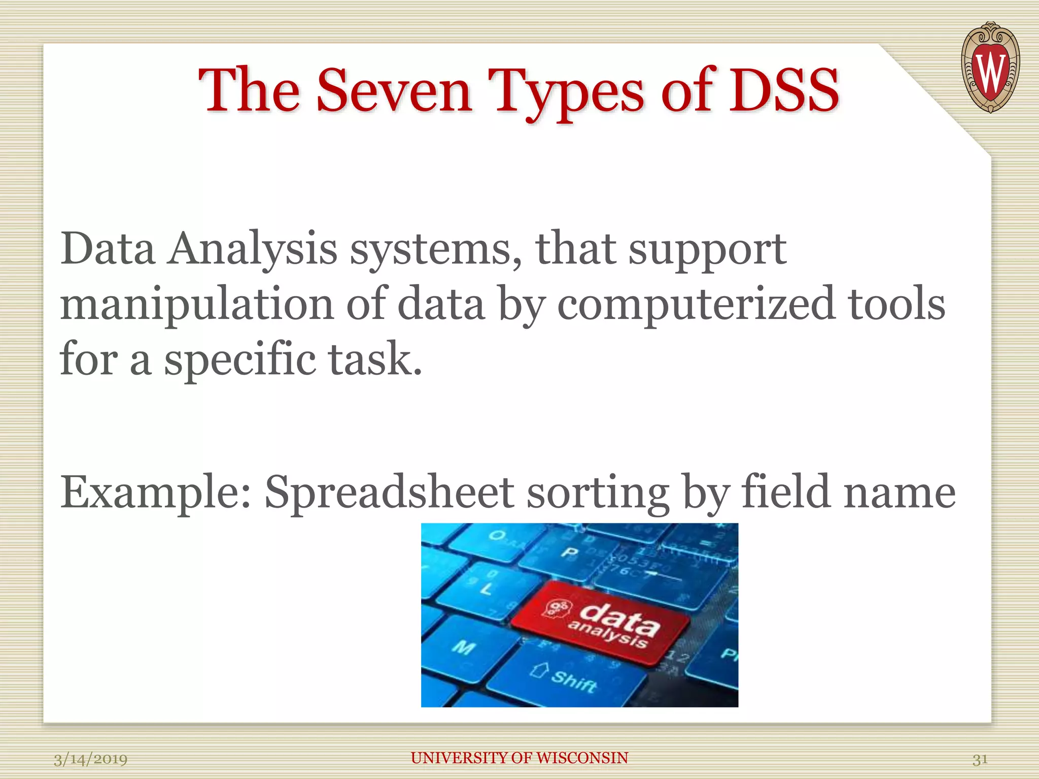 The Seven Types of DSS
Data Analysis systems, that support
manipulation of data by computerized tools
for a specific task.
Example: Spreadsheet sorting by field name
3/14/2019 UNIVERSITY OF WISCONSIN 31
 