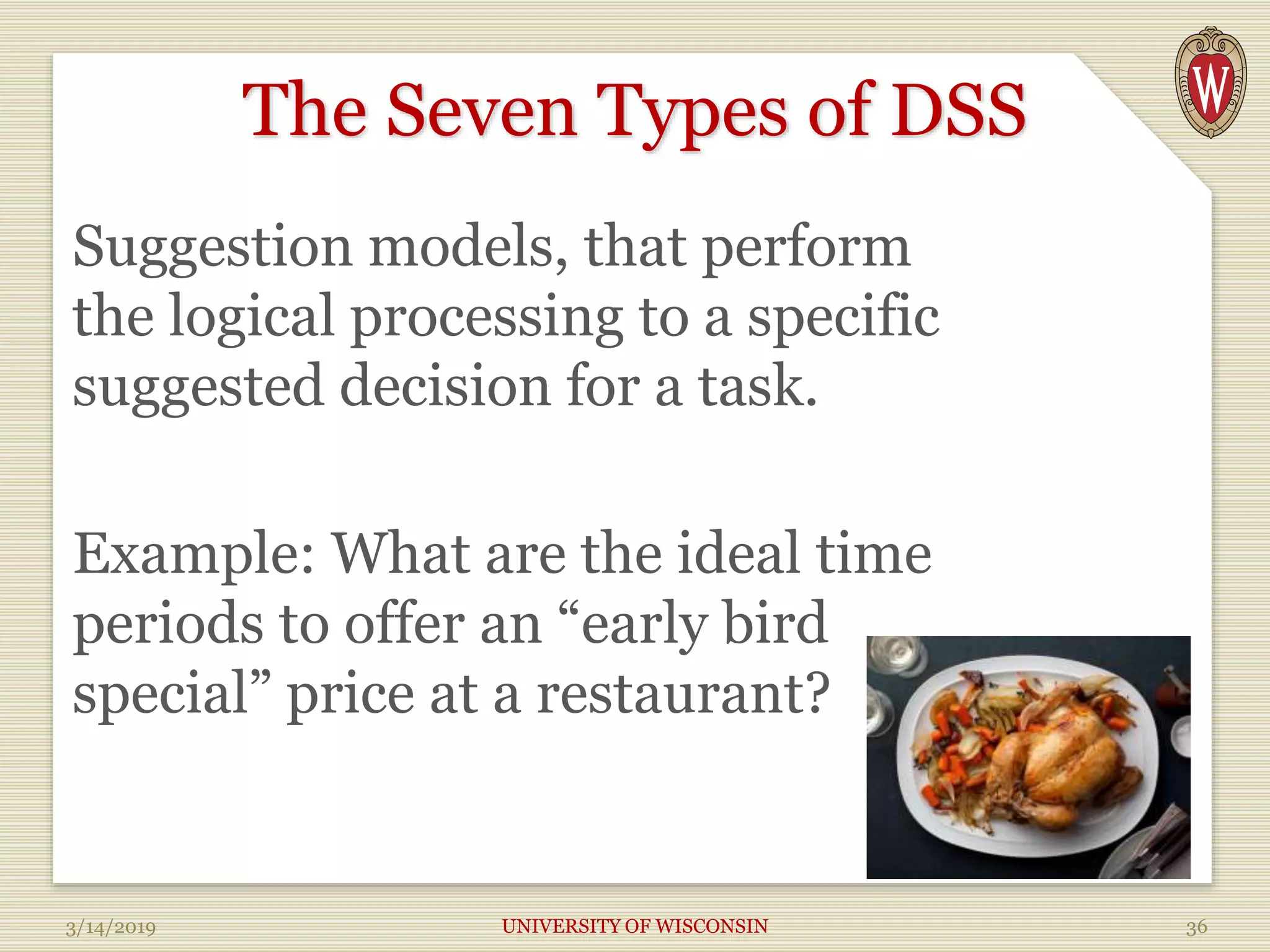 The Seven Types of DSS
Suggestion models, that perform
the logical processing to a specific
suggested decision for a task.
Example: What are the ideal time
periods to offer an “early bird
special” price at a restaurant?
3/14/2019 UNIVERSITY OF WISCONSIN 36
 