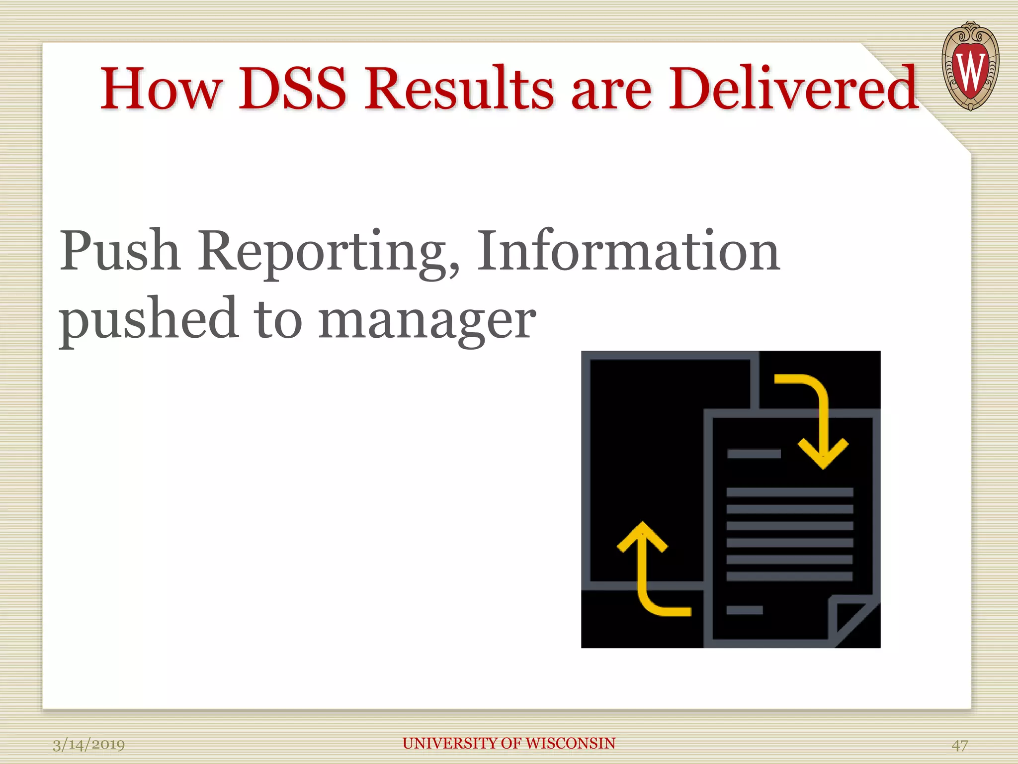 How DSS Results are Delivered
Push Reporting, Information
pushed to manager
3/14/2019 UNIVERSITY OF WISCONSIN 47
 