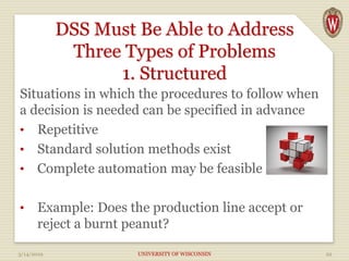 DSS Must Be Able to Address
Three Types of Problems
1. Structured
Situations in which the procedures to follow when
a decision is needed can be specified in advance
• Repetitive
• Standard solution methods exist
• Complete automation may be feasible
• Example: Does the production line accept or
reject a burnt peanut?
3/14/2019 UNIVERSITY OF WISCONSIN 22
 
