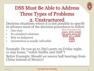 DSS Must Be Able to Address
Three Types of Problems
2. Unstructured
Decision situations where it is not possible to specify
in advance most of the decision procedures to follow
• One-time
• No standard solutions
• Rely on judgment
• Automation is usually infeasible
Example: Do you go to Jim’s party on Friday night,
or stay home, “watch Netflix and chill”?
Better Example: Should we source ball bearings from
China instead of Mexico?
3/14/2019 UNIVERSITY OF WISCONSIN 23
 