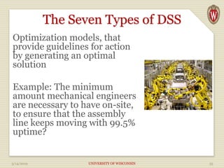 The Seven Types of DSS
Optimization models, that
provide guidelines for action
by generating an optimal
solution
Example: The minimum
amount mechanical engineers
are necessary to have on-site,
to ensure that the assembly
line keeps moving with 99.5%
uptime?
3/14/2019 UNIVERSITY OF WISCONSIN 35
 