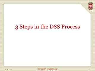 3 Steps in the DSS Process
3/14/2019 UNIVERSITY OF WISCONSIN 8
 