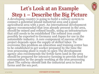 Let’s Look at an Example
Step 1 – Describe the Big Picture
A developing country is going to build a railway system to
connect a potential inland industrial area and a good
agricultural area with a port. An international development
agency recommended that iron already present in the area,
should be mined and refined locally, using an infrastructure
that still needs to be established The refined iron could
possibly be exported to Germany and Japan for use in the
automobile industry. A core component of success of the
project depends upon the supply of skilled labor. To
overcome this problem an education and training center has
to be established to get worker prepared by the time the
iron processing plant is ready to open The development
agency also recommends the fertile farm land in the area
should be prepared for intensive farming to provide food for
consumption by the people working at the iron processing
plant The railway should link the industrial area to local
farms and the sea port.
3/14/2019 UNIVERSITY OF WISCONSIN 9
 