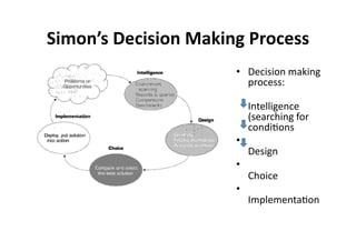 Simon’s 
Decision 
Making 
Process 
• Decision 
making 
process: 
Intelligence 
(searching 
for 
condi?ons 
• 
Design 
• 
Choice 
• 
Implementa?on 
 