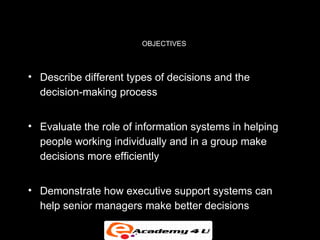 OBJECTIVES



• Describe different types of decisions and the
  decision-making process


• Evaluate the role of information systems in helping
  people working individually and in a group make
  decisions more efficiently


• Demonstrate how executive support systems can
  help senior managers make better decisions
 