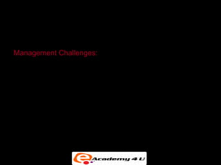 MANAGEMENT OPPORTUNITIES, CHALLENGES AND DECISIONS



Management Challenges:

 • Building systems that can actually fulfill Executive
   Information Requirements


 • Changing management thinking to make better use
   of systems for decision support


 • Organizational resistance
 