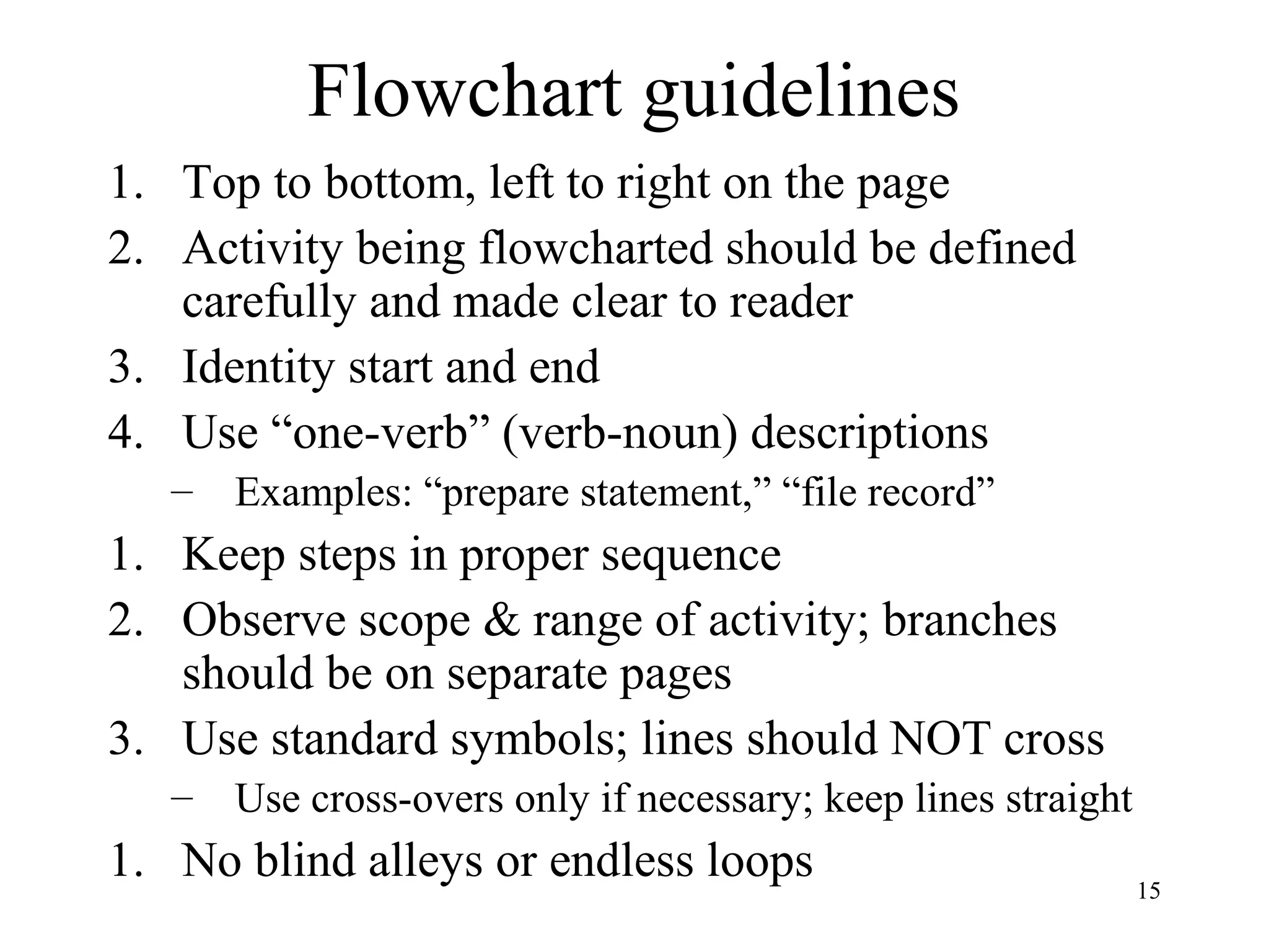 15
Flowchart guidelines
1. Top to bottom, left to right on the page
2. Activity being flowcharted should be defined
carefully and made clear to reader
3. Identity start and end
4. Use “one-verb” (verb-noun) descriptions
– Examples: “prepare statement,” “file record”
1. Keep steps in proper sequence
2. Observe scope & range of activity; branches
should be on separate pages
3. Use standard symbols; lines should NOT cross
– Use cross-overs only if necessary; keep lines straight
1. No blind alleys or endless loops
 