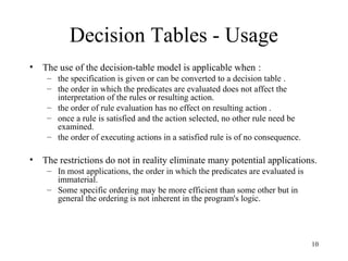 10
Decision Tables - Usage
• The use of the decision-table model is applicable when :
– the specification is given or can be converted to a decision table .
– the order in which the predicates are evaluated does not affect the
interpretation of the rules or resulting action.
– the order of rule evaluation has no effect on resulting action .
– once a rule is satisfied and the action selected, no other rule need be
examined.
– the order of executing actions in a satisfied rule is of no consequence.
• The restrictions do not in reality eliminate many potential applications.
– In most applications, the order in which the predicates are evaluated is
immaterial.
– Some specific ordering may be more efficient than some other but in
general the ordering is not inherent in the program's logic.
 