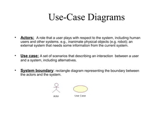 Use-Case Diagrams
• Actors: A role that a user plays with respect to the system, including human
users and other systems. e.g., inanimate physical objects (e.g. robot); an
external system that needs some information from the current system.
• Use case: A set of scenarios that describing an interaction between a user
and a system, including alternatives.
• System boundary: rectangle diagram representing the boundary between
the actors and the system.
 