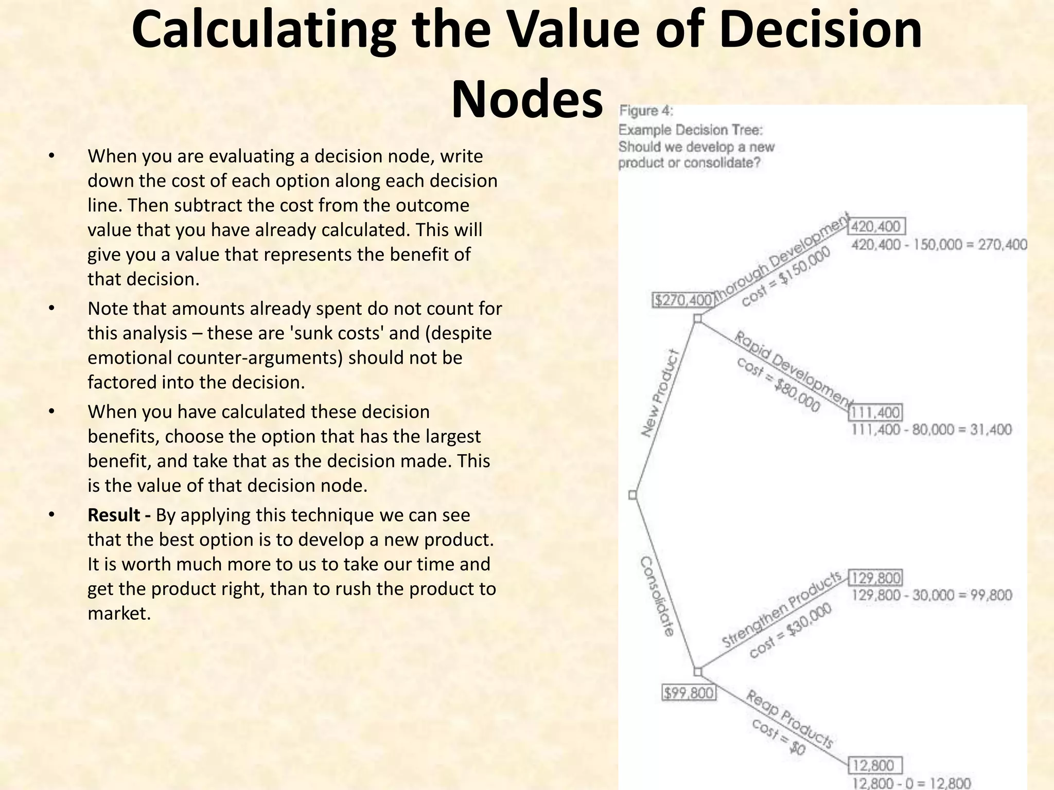 Calculating the Value of Decision NodesWhen you are evaluating a decision node, write down the cost of each option along each decision line. Then subtract the cost from the outcome value that you have already calculated. This will give you a value that represents the benefit of that decision.Note that amounts already spent do not count for this analysis – these are 'sunk costs' and (despite emotional counter-arguments) should not be factored into the decision.When you have calculated these decision benefits, choose the option that has the largest benefit, and take that as the decision made. This is the value of that decision node.Result - By applying this technique we can see that the best option is to develop a new product. It is worth much more to us to take our time and get the product right, than to rush the product to market.