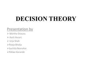 DECISION THEORY
Presentation by
 Martha Dsouza.
 Aarti Asrani
 Urja Shah
Pooja Bhalja
Suchita Nevrekar
Pallavi Karande
 