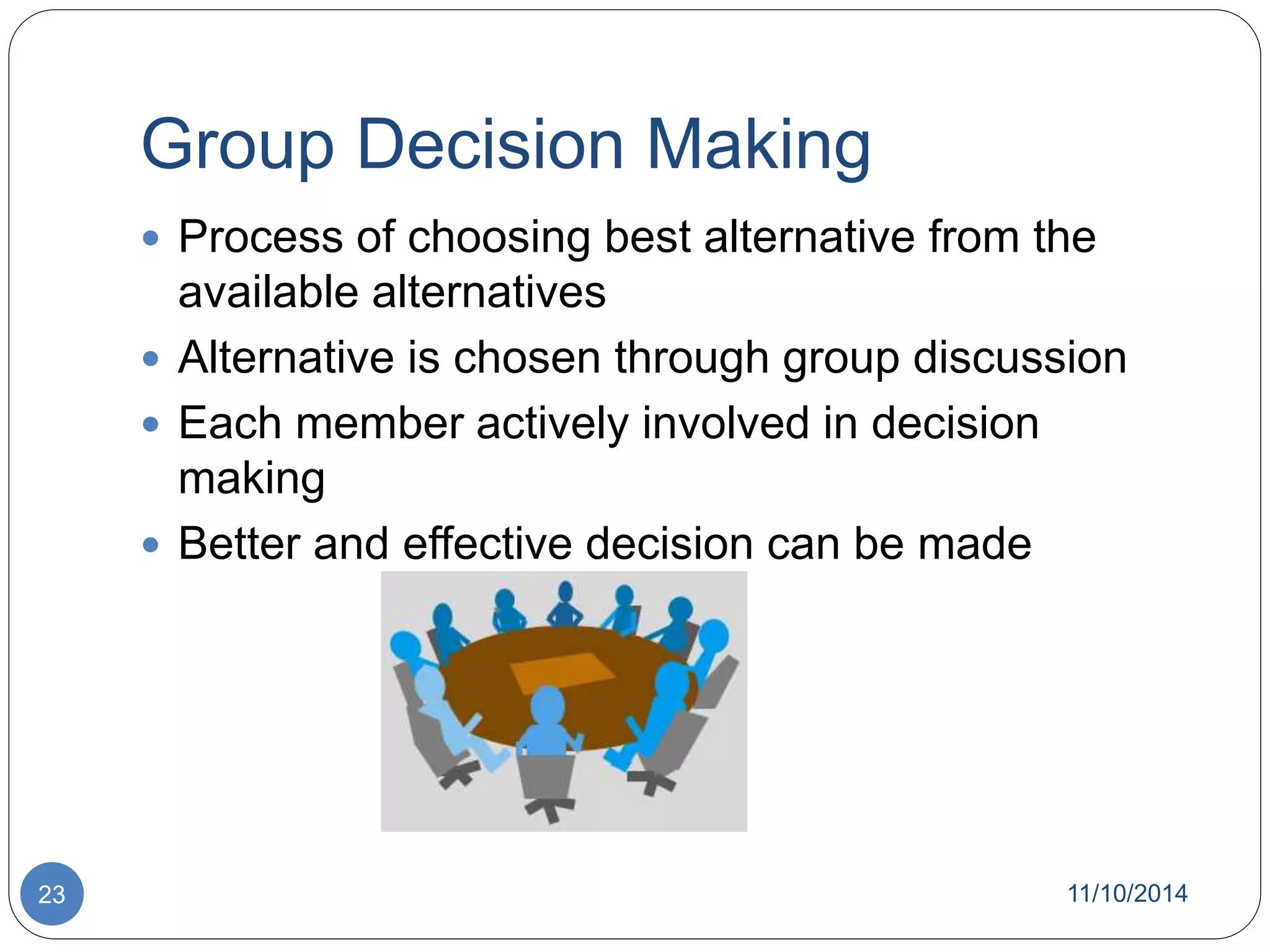 Group Decision Making 
 Process of choosing best alternative from the 
available alternatives 
 Alternative is chosen through group discussion 
 Each member actively involved in decision 
making 
 Better and effective decision can be made 
23 11/10/2014 
 