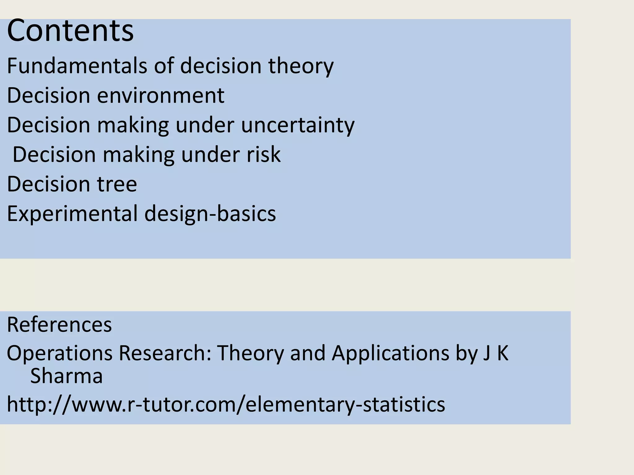 Contents
Fundamentals of decision theory
Decision environment
Decision making under uncertainty
Decision making under risk
Decision tree
Experimental design-basics
References
Operations Research: Theory and Applications by J K
Sharma
http://www.r-tutor.com/elementary-statistics
 
