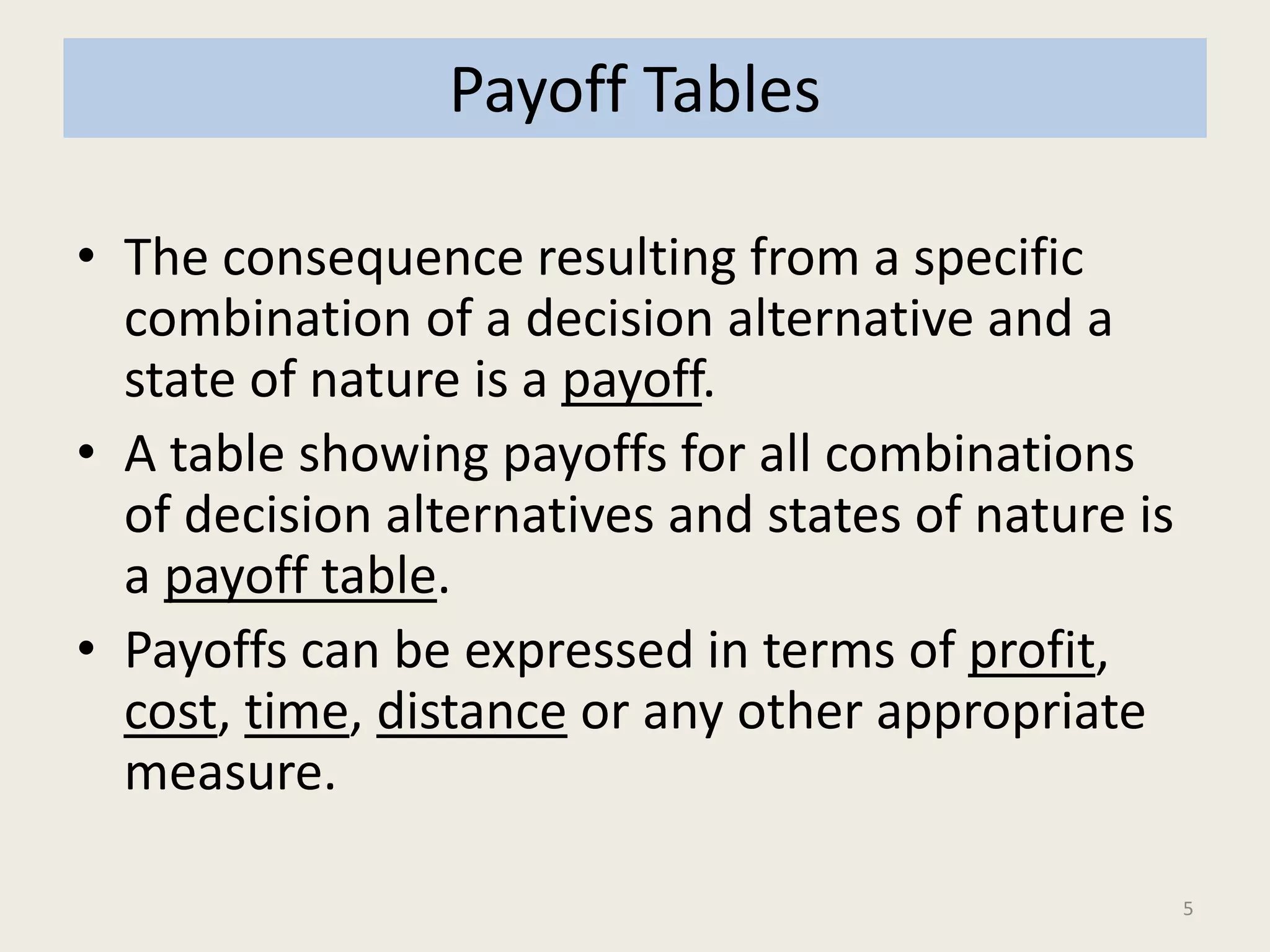 5
Payoff Tables
• The consequence resulting from a specific
combination of a decision alternative and a
state of nature is a payoff.
• A table showing payoffs for all combinations
of decision alternatives and states of nature is
a payoff table.
• Payoffs can be expressed in terms of profit,
cost, time, distance or any other appropriate
measure.
 