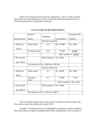 There are two decision points in the tree indicated by 1 and 2. In order to decide
between the two basis alternatives, we have to fold back (backward induction) the tree
from the decision point 2, using EMV as criterion:
EVALUATION OF DECISION POINTS
Decision point
State of
Nature
Probability
Cash outflows
Expected cash
Outflow
Decision at point D2
1. Drill up to
250 fit.
Water struck 0.2 Rs. 12,5000 Rs. 2,500
No water struck 0.8 27,500 22,000
EMV (outflows) = 24,500
2. Do not drill
up to 250 ft.
EMV (outflow) = Rs. 25,000
The decision at D2 is : Drill up to 250 feet.
Decision at point D2
1. Drill up to
200 ft.
Water struck 0.7 Rs. 10,000 Rs. 7,000
Not water
struck
0.3 24,500 7,350
EMV (outflow) = Rs. 14,350
2. Do not drill
up to 200 ft.
EMV (outflow) = Rs. 15,000
The decision at D1 is : Drill up to 200 ft.
Thus the optimal strategy for the farm-owner is to drill the well up to 200 ft. and
if no water is struck, then further drill it up to 250 ft.
Example 3. A businessman has two independent investments A and B available to
him; but he lacks the capital to undertake both of them simultaneously. He can choose to
 