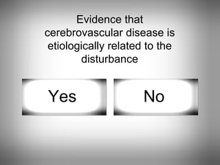 Evidence that cerebrovascular disease is etiologically related to the disturbance Yes No 
