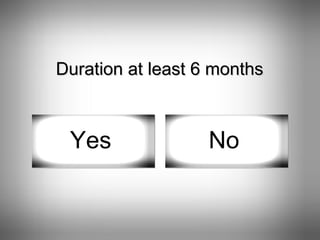 Duration at least 6 months Yes No 