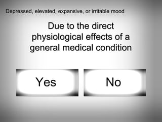 Depressed, elevated, expansive, or irritable mood Due to the direct physiological effects of a general medical condition Yes No 