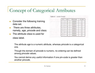 Concept of Categorical Attributes

   Consider the following training
    data set.
   There are three attributes,
    namely, age, pincode and class.
   The attribute class is used for
    class label.

     The attribute age is a numeric attribute, whereas pincode is a categorical
     one.
     Though th d
     Th   h the domain of pincode i numeric, no ordering can b d fi d
                    i f i      d is      i        d i        be defined
     among pincode values.
     You cannot derive any useful information if one pin-code is greater than
     another pincode
             pincode.

                                     R. Akerkar                                   10
 
