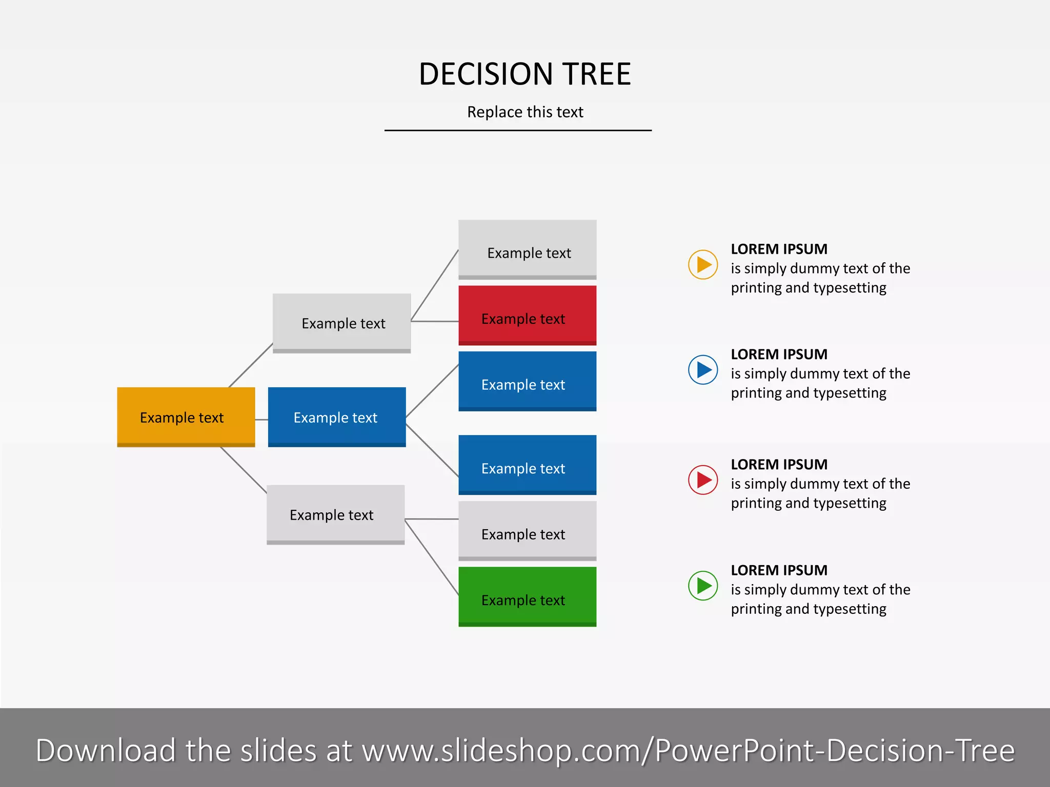 DECISION TREE
Replace this text

Example text

Example text

Example text

Example text
Example text

LOREM IPSUM
is simply dummy text of the
printing and typesetting

LOREM IPSUM
is simply dummy text of the
printing and typesetting

Example text
Example text
Example text

LOREM IPSUM
is simply dummy text of the
printing and typesetting

Example text

Example text

LOREM IPSUM
is simply dummy text of the
printing and typesetting

5I
COMPANY NAME
PRESENTER NAME
Download the slides at www.slideshop.com/PowerPoint-Decision-Tree

 