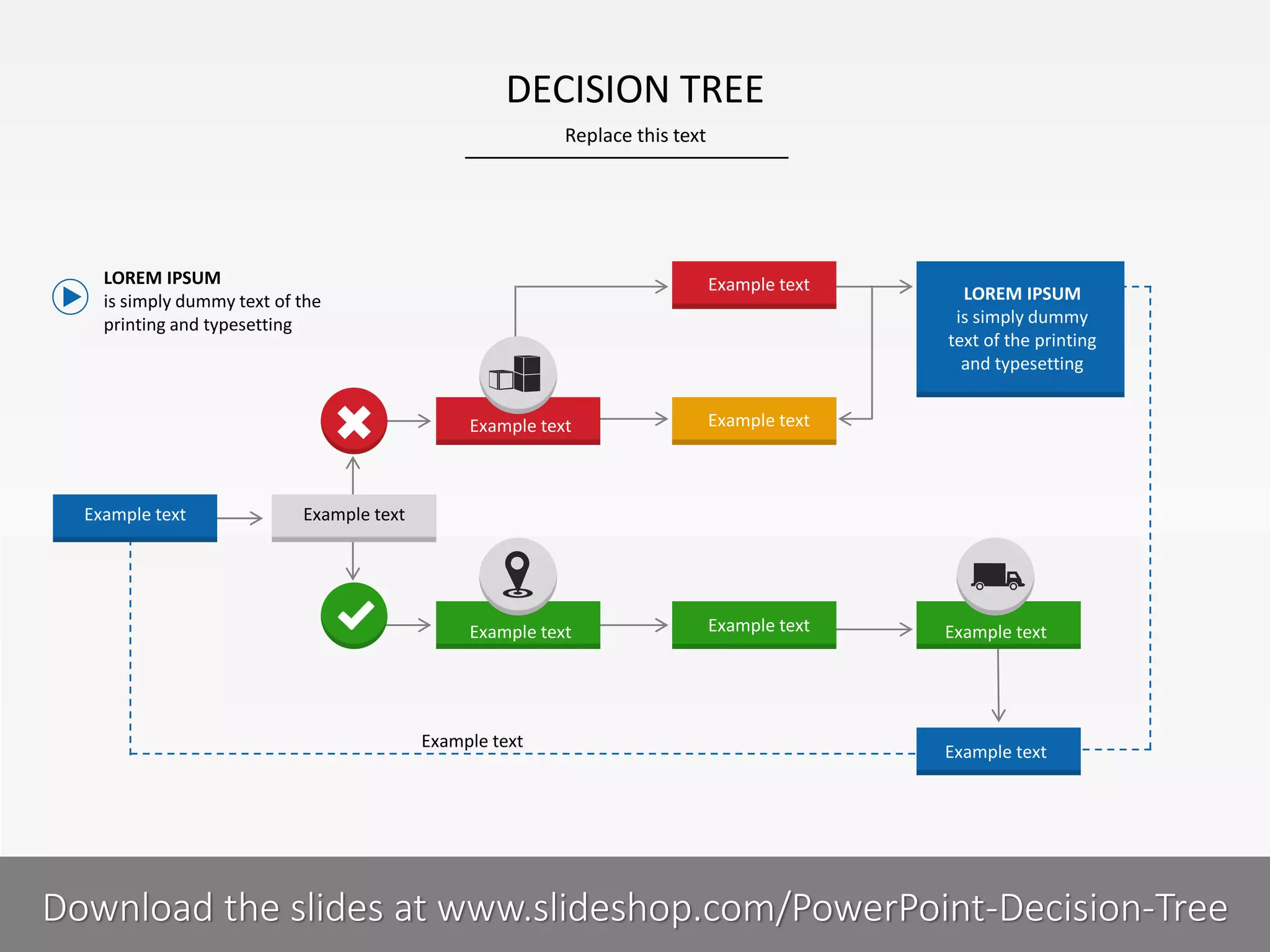 DECISION TREE
Replace this text

LOREM IPSUM
is simply dummy text of the
printing and typesetting

Example text

Example text

Example text

Example text

Example text

Example text

LOREM IPSUM
is simply dummy
text of the printing
and typesetting

Example text

Example text

Example text

Example text

6I
COMPANY NAME
PRESENTER NAME
Download the slides at www.slideshop.com/PowerPoint-Decision-Tree

 