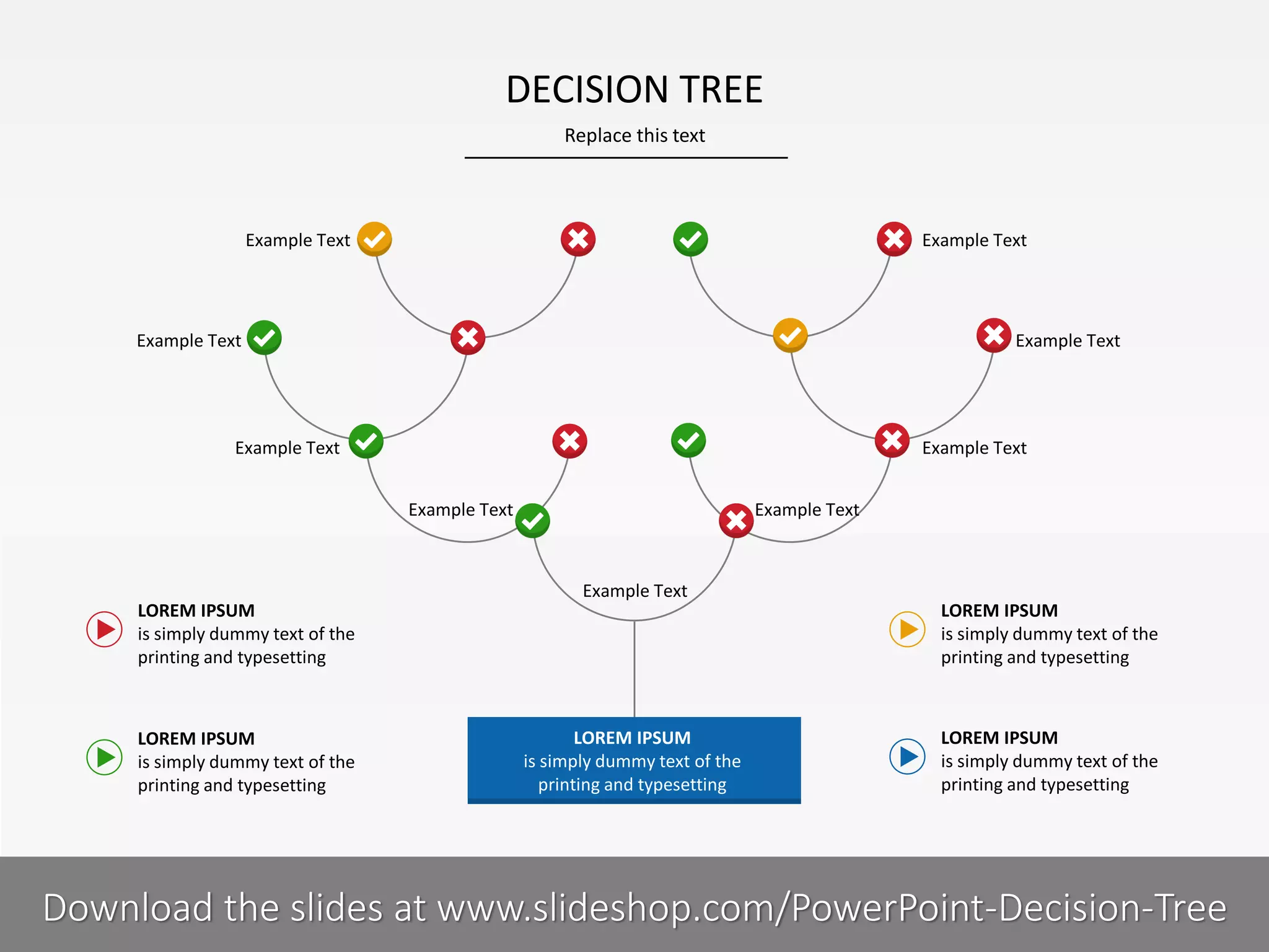 DECISION TREE
Replace this text

Example Text

Example Text

Example Text

Example Text

Example Text

Example Text
Example Text

Example Text

Example Text
LOREM IPSUM
is simply dummy text of the
printing and typesetting

LOREM IPSUM
is simply dummy text of the
printing and typesetting

LOREM IPSUM
is simply dummy text of the
printing and typesetting

LOREM IPSUM
is simply dummy text of the
printing and typesetting

LOREM IPSUM
is simply dummy text of the
printing and typesetting

8I
COMPANY NAME
PRESENTER NAME
Download the slides at www.slideshop.com/PowerPoint-Decision-Tree

 