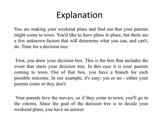 Explanation
You are making your weekend plans and find out that your parents
might come to town. You'd like to have plans in place, but there are
a few unknown factors that will determine what you can, and can't,
do. Time for a decision tree.
First, you draw your decision box. This is the box that includes the
event that starts your decision tree. In this case it is your parents
coming to town. Out of that box, you have a branch for each
possible outcome. In our example, it's easy: yes or no - either your
parents come or they don't.
Your parents love the movies, so if they come to town, you'll go to
the cinema. Since the goal of the decision tree is to decide your
weekend plans, you have an answer.
 