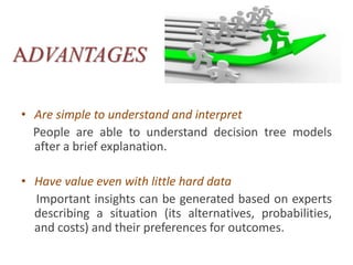 ADVANTAGES
• Are simple to understand and interpret
People are able to understand decision tree models
after a brief explanation.
• Have value even with little hard data
Important insights can be generated based on experts
describing a situation (its alternatives, probabilities,
and costs) and their preferences for outcomes.
 