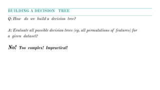 BUILDING A DECISION TREE
Q: How do we build a decision tree?
A: Evaluate all possible decision trees (eg, all permutations of features) for
a given dataset?
No! Too complex! Impractical!
 